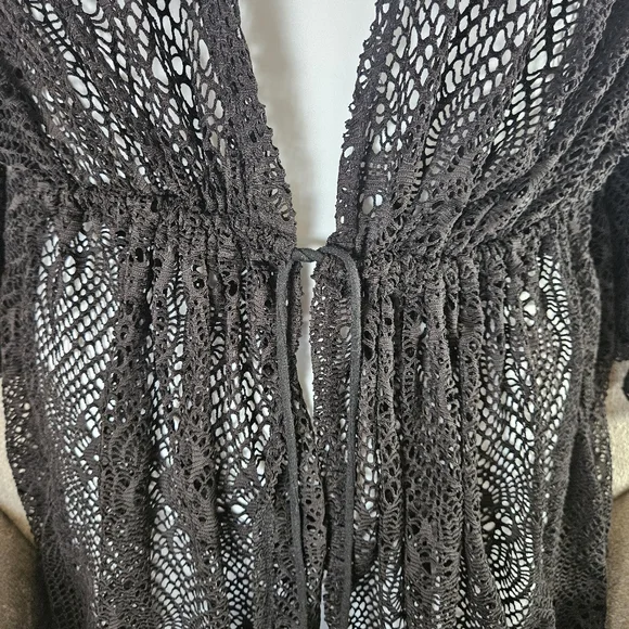 Time & Tru 3X Tie-Front Crochet Cardigan Black Bell Ruffle Sleeve Classic B-2299 - Picture 7 of 8